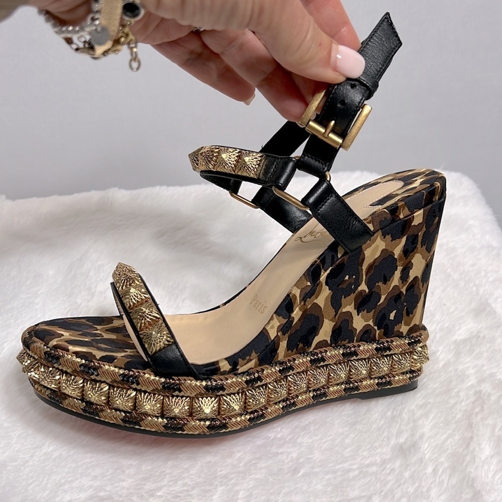 Christian Louboutin Nappa Leopard Pira Ryad 110 Wedge Sandal Black Marron 35 - Picture 8 of 13